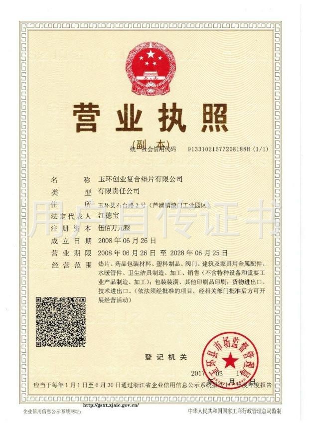 中国 Yuhuan Chuangye Composite Gasket Co.,Ltd 認証